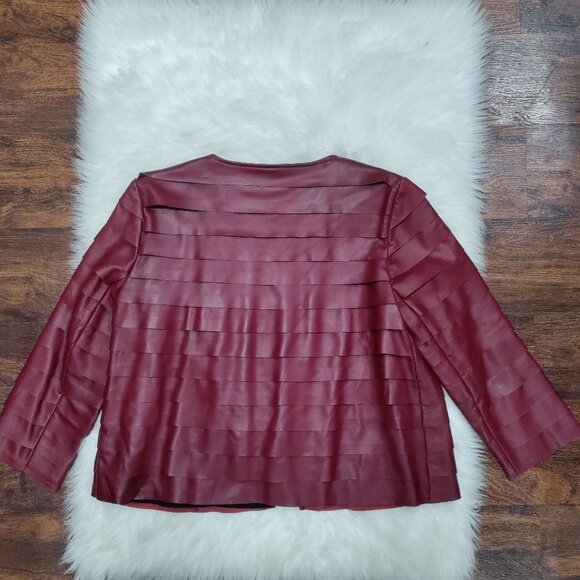 Lafayette 148 New York Burgundy 100% Leather Open Front Layered Jacket Size 6 - Picture 5 of 15